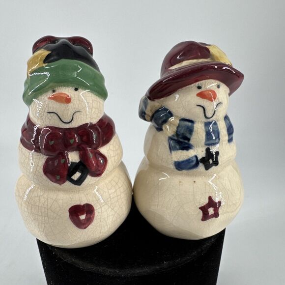 Christmas Snowman Centerpiece Salt and Pepper Shakers Vintage Crackled by Vigor - Picture 1 of 12